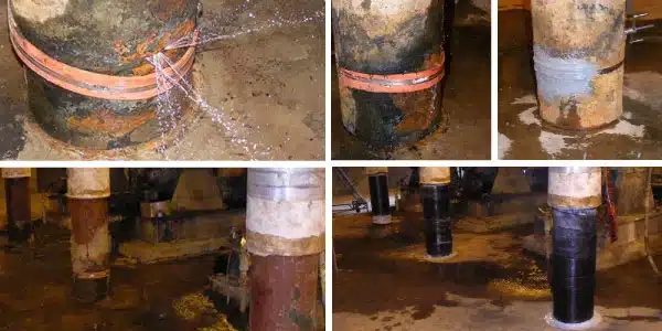 Five images, leaking ash sluice pump spraying water, row of degraded ash sluice pumps, a clamp applied to an pump, a clamp that is coated by epoxy, row of ash sluice pumps repaired with HydraWrap
