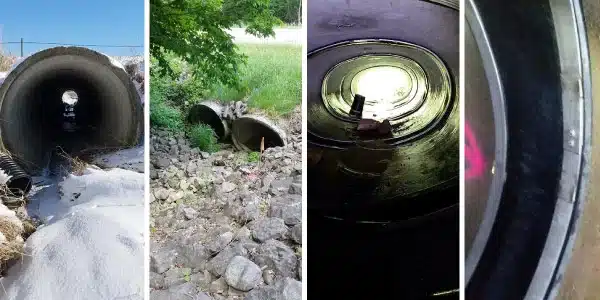 Four images, entrance to a culvert, entrance to an elliptical culvert, HydraTite installed over multiple joints in an elliptical culvert, HydraTite Installed over a joint