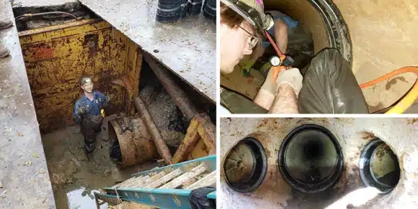 Three images, a technician standing near an entrance to a pipe, a technician air testing a HydraTite seal, three HydraTite seals installed in a branch of a pipe