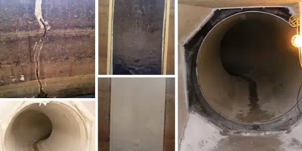 Five images, a crack in concrete, an opening to a pipe, a patch of HydraWrap applied over a crack, a repaired portion of concrete, HydraWrap applied to the interior surface of a pipe entrance