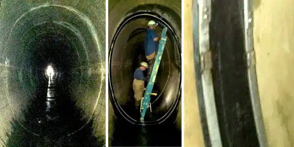 Three images, looking out of a long elliptical pipe, two technicians installing HydraTite, HydraTite installed over a joint
