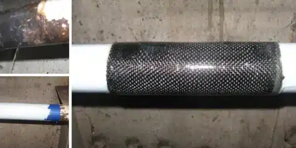Three images, active leak in a condensate pipe, epoxy coating the exterior of a condensate pipe, HydraWrap protecting a condensate pipe