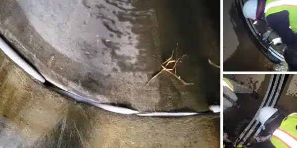 Three images, filler worked into a joint in a pipe, a technician installing HydraTite over a joint, two technicians installing Hydratite