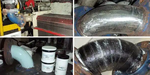 Four images, aging elbow pipe, elbow pipe ground clean, elbow pipe coated in epoxy, elbow pipe wrapped with HydraWrap