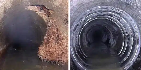 Two images, plant life growing out of a joint, HydraTite seals installed in an interlocking fashion