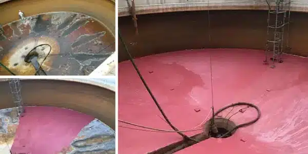Three images, deteriorated retention tank base, portion of a retention base coated in aHydraLine, HydraLine coating the base of a retention tank base