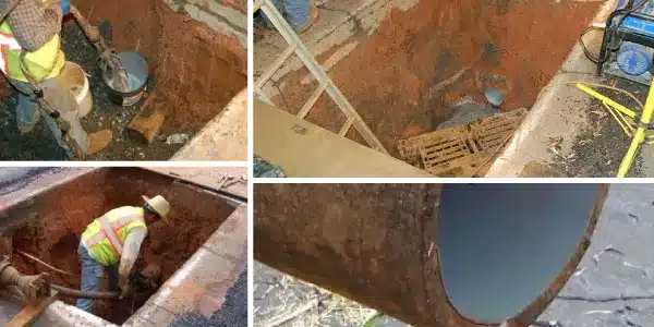 Four images, technician mixing epoxy, spraying epoxy into a pipeline, a pipe entrance at the bottom of a pit, close-up of a pipe coated in WaterLine