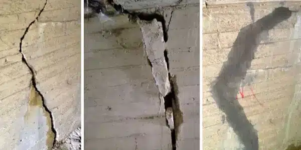 Three images, cracked concrete, concrete falling out of a wall, a patch in concrete