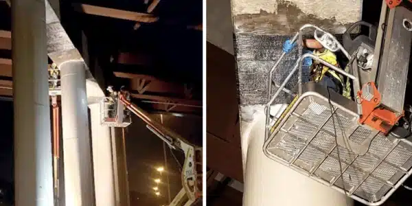 Two images, a technician in a lift applying a carbon fiber wrap to a bridge's support, looking up at a technician in a lift applying a carbon fiber wrap