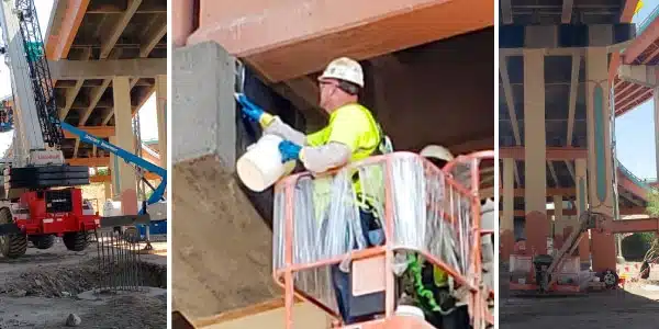 Three images, the underside of a bridge, a technician applying a wrap to a bridge support, fiber wrap applied to the supports of a bridge