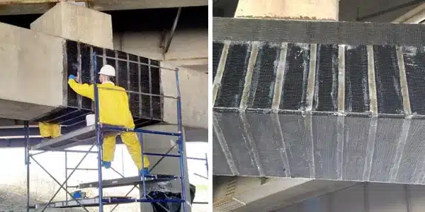 Two images, technician applying fiber wrap, close-up of fiber wrap applied to a pier