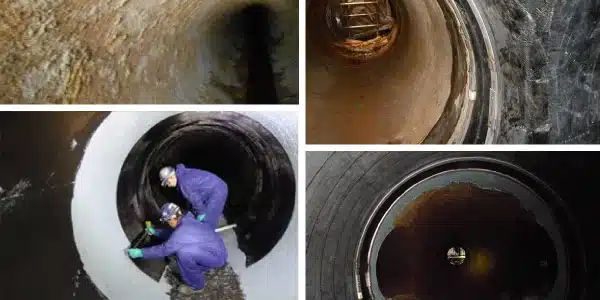 Four images, long dark pipe, two technicians applying HydraWrap, HydraWrap applied to the interior of a pipe and HydraTite installed over the end of the wrap, HydraWrap covering the interior of the pipe and HydraTite installed over the carbon fiber