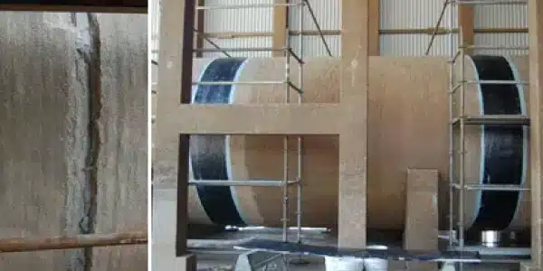 Two images, damaged water cooling tower, HydraWrap applied in two places on the cooling water tower
