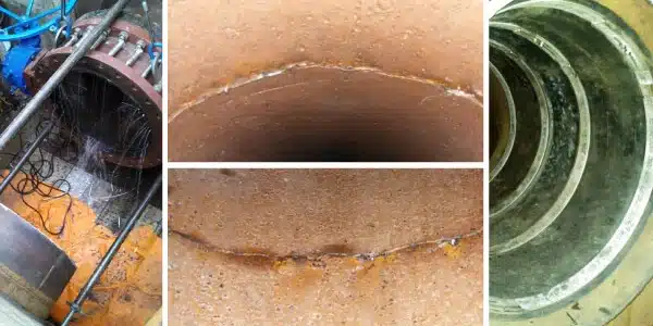 Four images, entrance to a pipe, compromised crown of a pipe joint, compromised invert of a pipe joint, interlocked HydraTite seals installed over a joint