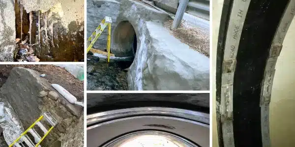 Five images, invert of a pipe with portion of concrete missing and rebar exposed, head wall that is being coated in concrete, culvert entrance, crown of the pipe with joints rehabilitated with HydraTite seals, HydraTite installed over a joint