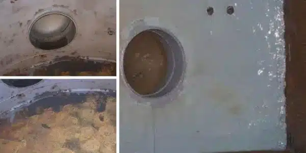 Three images, degraded condenser water box, surface ground clean, epoxy applied to the metals surface