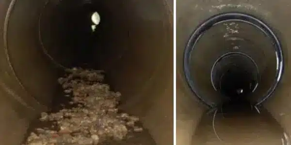 Two Images, invert of a pipe covered in debris, long run of pipe with joints sealed with HydraTite