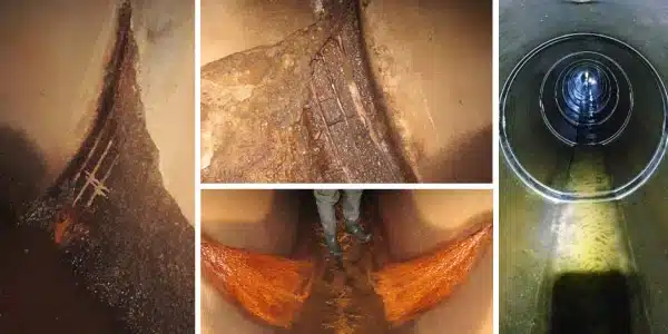 Four images, failing joint with exposed rebar, close-up of a failing joint with exposed rebar, infiltration at a joint, HydraTite installed over a row of joints in a pipe