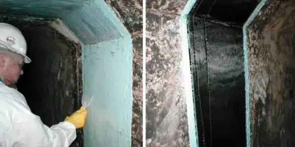 Two images, technician applying epoxy on the inside of a box culvert, HydraWrap applied to the interior surface of a box culvert