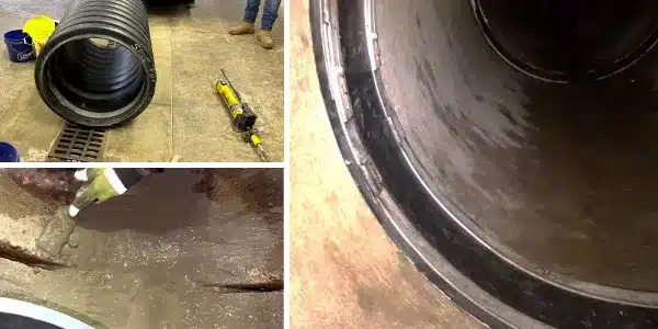 Three images, portion of pipe on a garage floor with HydraTite installed inside, applying concrete to the invert of the pipe, HydraTite installed over a joint to protect against infiltration