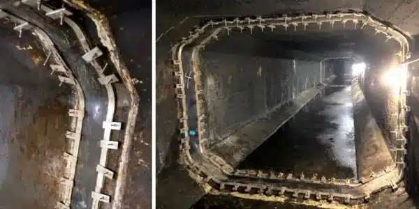 Two images, HydraTite installed in a box culvert, HydraTite installed over a joint in a box culvert