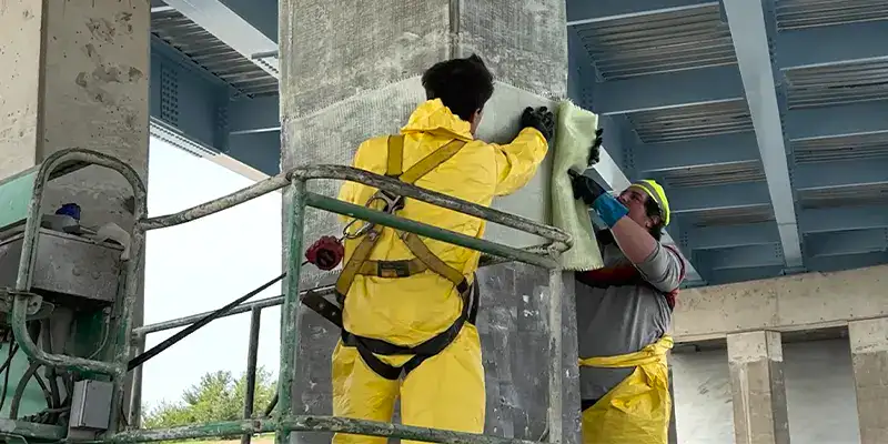 Two field technicians wrapping a bridge column with fiberglass