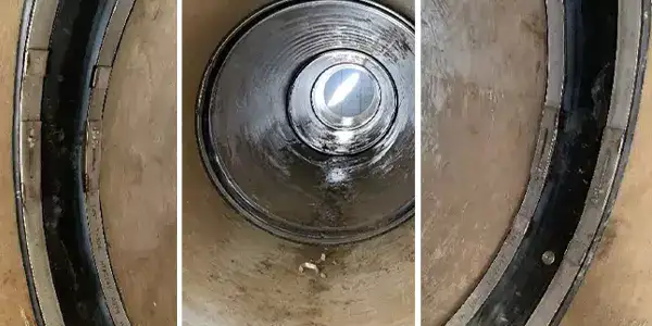three images, HydraTite installed over a joint, a circular pipe with a seal installed over a joint, HydraTite sealing a joint 