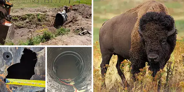 Four Images, entrance to a pipe, hole in a pipe, HydraTite installed over a pipe joint, A buffalo standing in a field