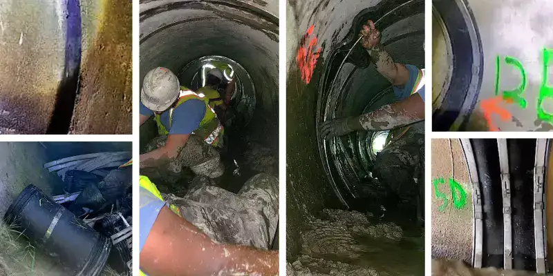 Four images, air testing gauge, Two HydraTite seals installed in a pipe, two HydraTite seals installed next to each other, pair of HydraTite seals