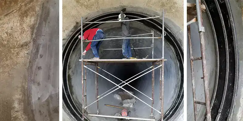 Four images, a run of pipe covered by HydraTite at the joints, a run of pipe with a board on the invert, close-up of HydraTite over a joint, graphic representation of HydraTite installed in an interlocking fashion to bridge a large gap