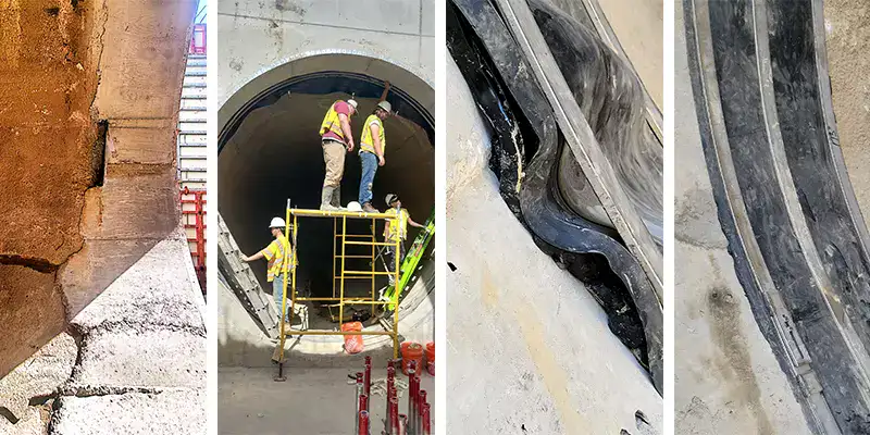 Four images, a run of pipe covered by HydraTite at the joints, a run of pipe with a board on the invert, close-up of HydraTite over a joint, graphic representation of HydraTite installed in an interlocking fashion to bridge a large gap