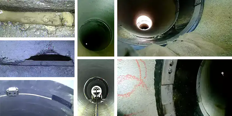 Four images, a run of pipe covered by HydraTite at the joints, a run of pipe with a board on the invert, close-up of HydraTite over a joint, graphic representation of HydraTite installed in an interlocking fashion to bridge a large gap