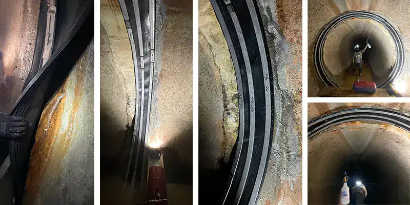 Five images of HydraTite being installed over a leak