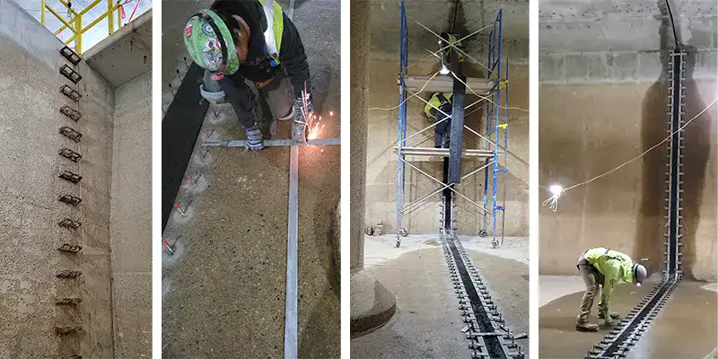 Four Images, Ladder Down Into The Tank, A Technician Cutting A Retaining Band, Two Technicians On Scaffolding Positioning the Rubber Seal, HydraTite Installed In The Tank