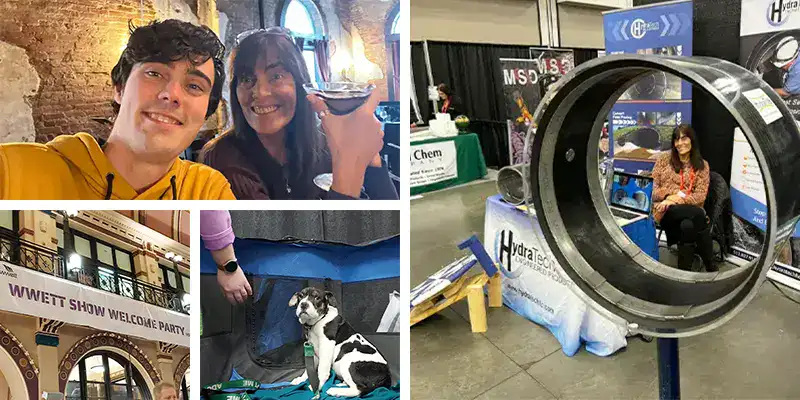 Four Images, Two People Smiling, A WWETT Trade Show Sign, A Sad Dog, Jennifer Encircled By A HydraTite Seal