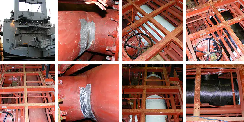 Three images, large boat,  cooling water supply pipes, water supply pipes reinforced with HydraWrap