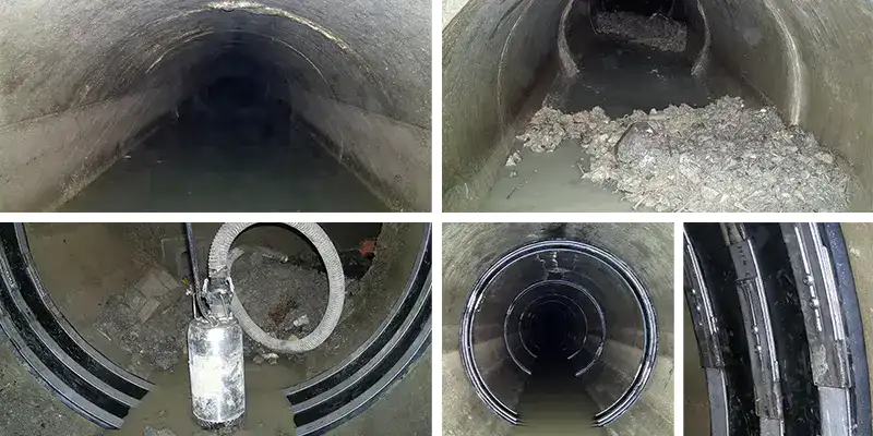 Four Images, Ladder Down Into The Tank, A Technician Cutting A Retaining Band, Two Technicians On Scaffolding Positioning the Rubber Seal, HydraTite Installed In The Tank