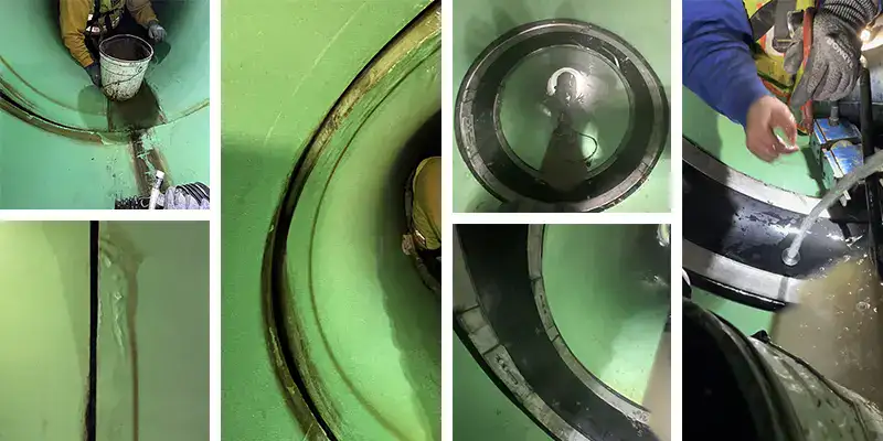 Six images showing a PVC pipe repair utilizing HydraTite