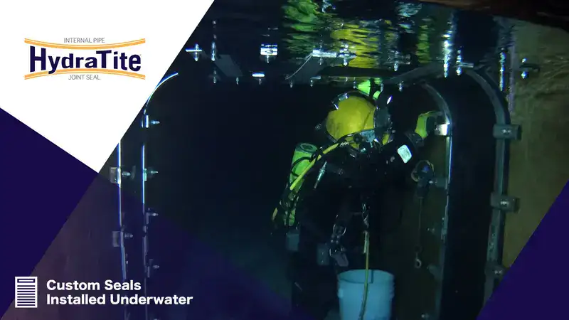 Diver installing HydraTite, 'Custom Seals Installed Underwater'