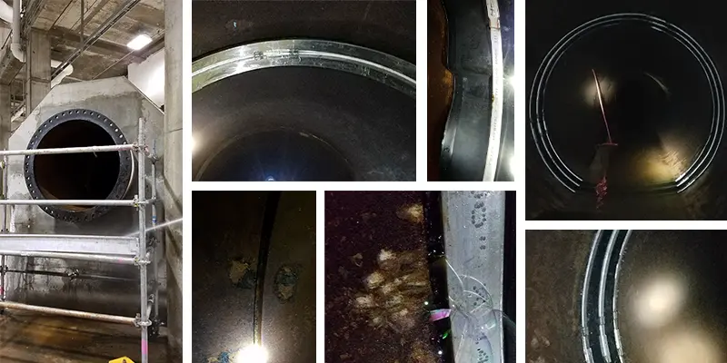 Six images showing a PVC pipe repair utilizing HydraTite