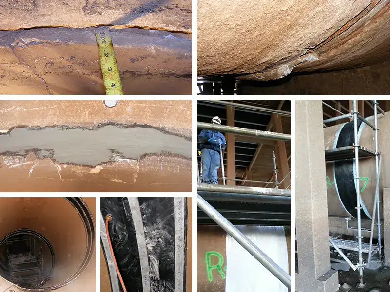 Four images, pipe joint that has become offset and separated, HydraTite applied onto the interior surface of the pipe, HydraTite installed over a joint, close-up of HydraTite over a joint