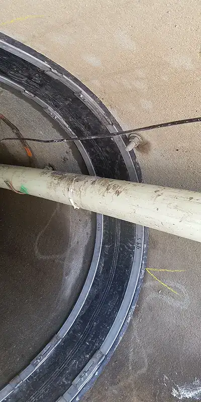 Joint with an active leak in a green PVC pipe