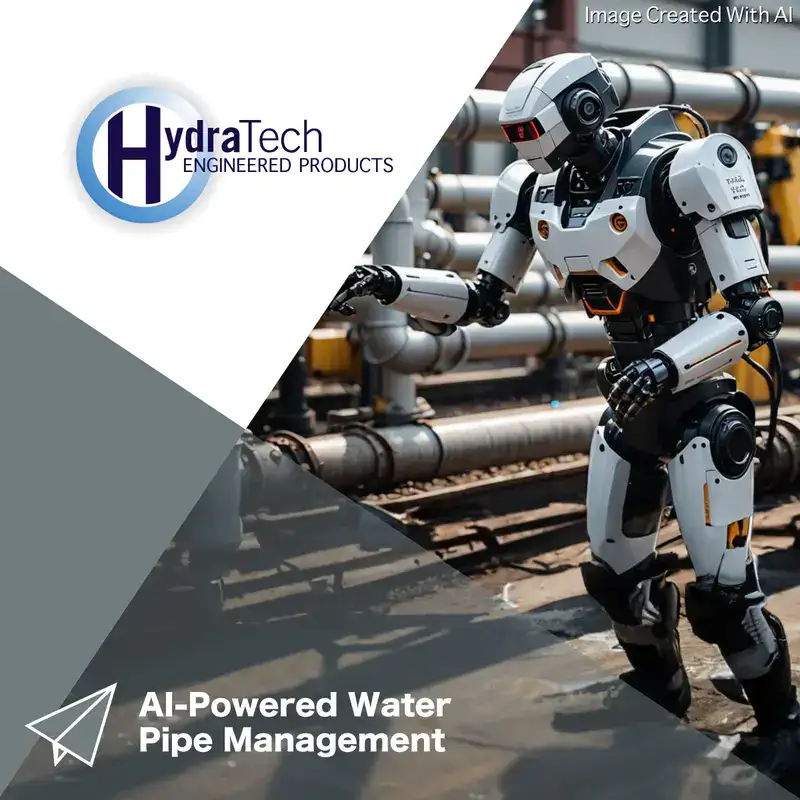 Robot standing near pipes, 'AI-Powered Water Pipe Management'