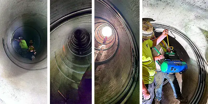 Four images of HydraTite installed in a round pipe