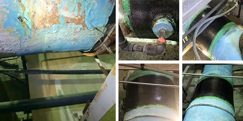 Three image, posts that have become degraded by the elements, a post where a portion of the base has rotted away, a row of post that have had a portion of their base reinforced with HydraWrap