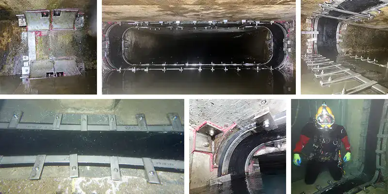 Four images of HydraTite installed in a round pipe