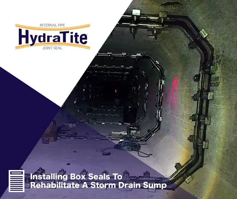 Many HydraTite seals installed over the joints in this sump, 'Installing Box Seals To Rehabilitate A Storm Drain Sump'