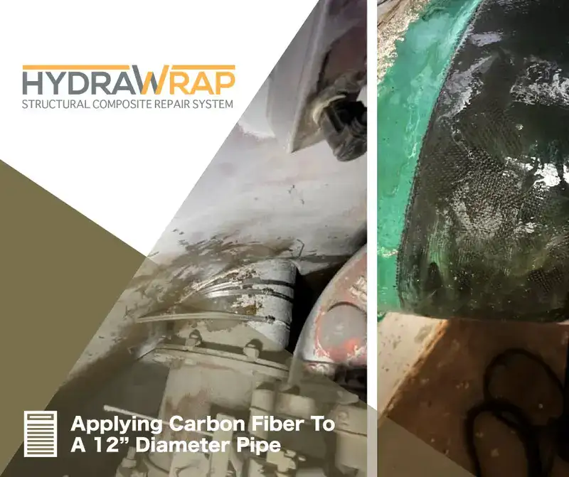 Two images, before and after HydraWrap is applied to a compromised pipe, 'Applying Carbon Fiber To A 12" Diameter Pipe'