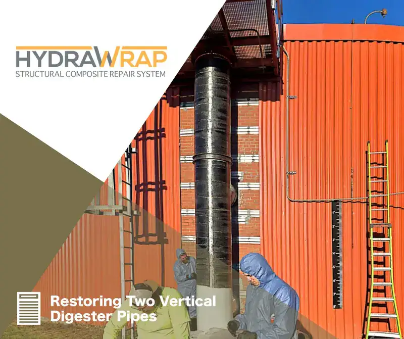 Technicians applying HydraWrap to a vertical digester pipe, 'Restoring Two Vertical Digester Pipes'