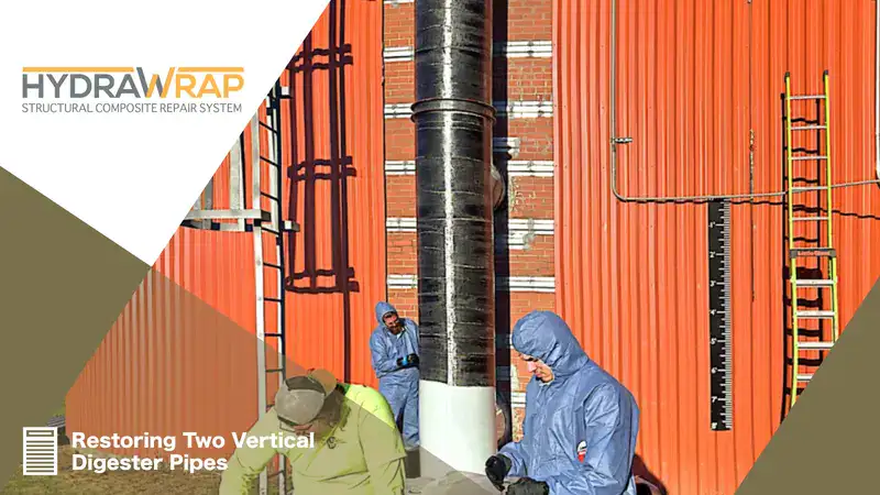 Technicians applying HydraWrap to a vertical digester pipe, 'Restoring Two Vertical Digester Pipes'